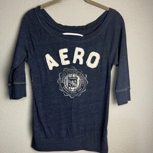 Aeropostale Graphic Y2K Spellout Embroiderd T-Shirt Athletic Top 3/4 SL‎ Blue M